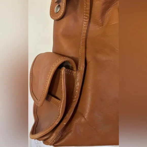 J. Crew Large Brown Leather Tote Bag Exterior Pockets Tan - Picture 13 of 14